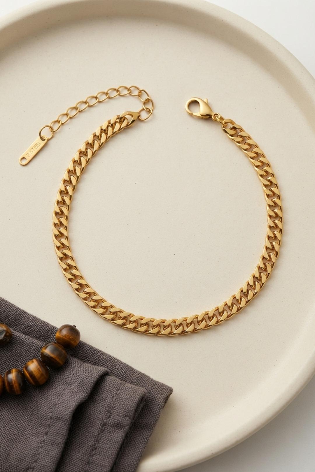 316L Çelik Gold Renk İnce Cuban Zincir Model Erkek Bileklik SKU: EB3835