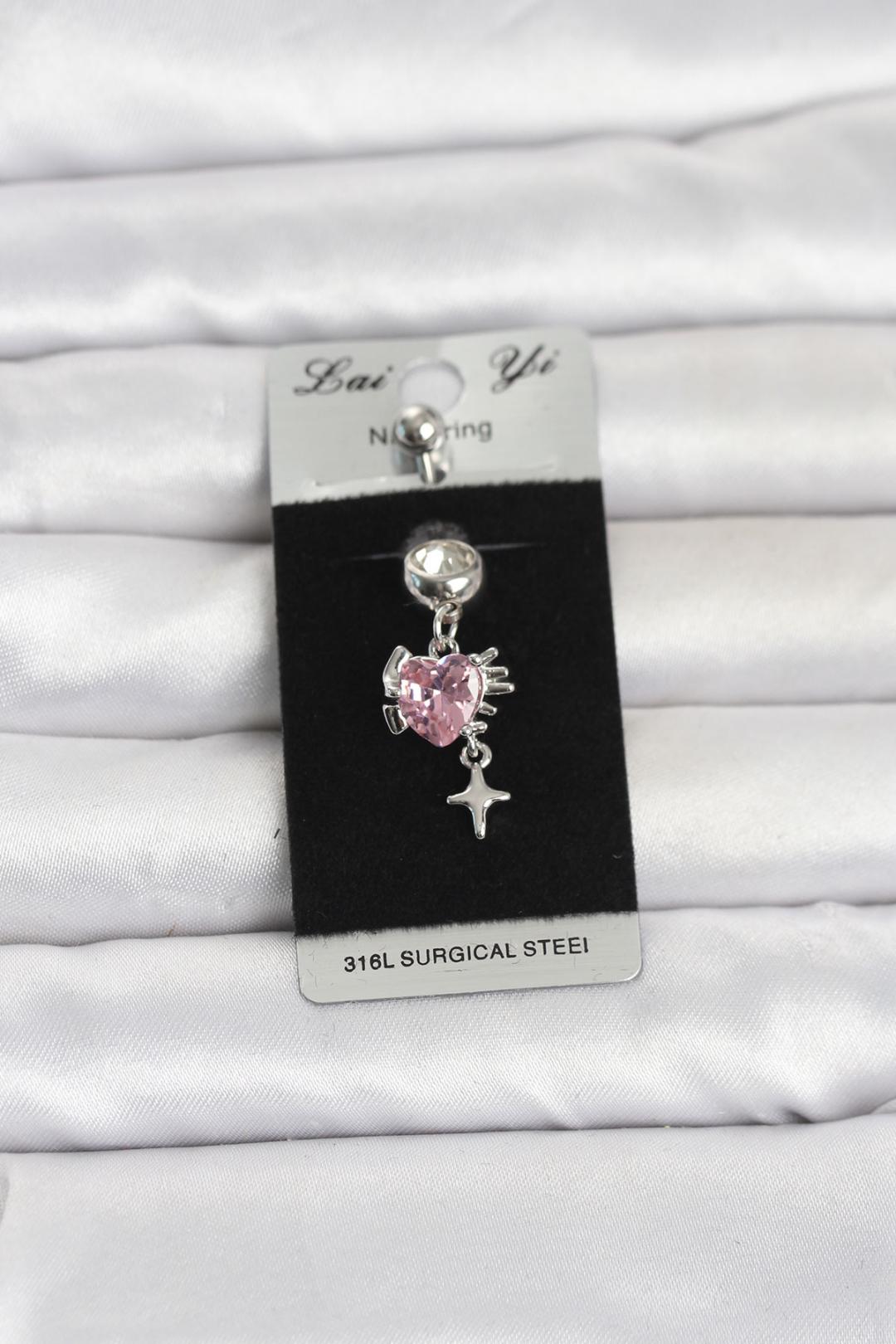 316L Cerrahi Çelik Pembe Zirkon Taşlı Model Göbek Piercing
