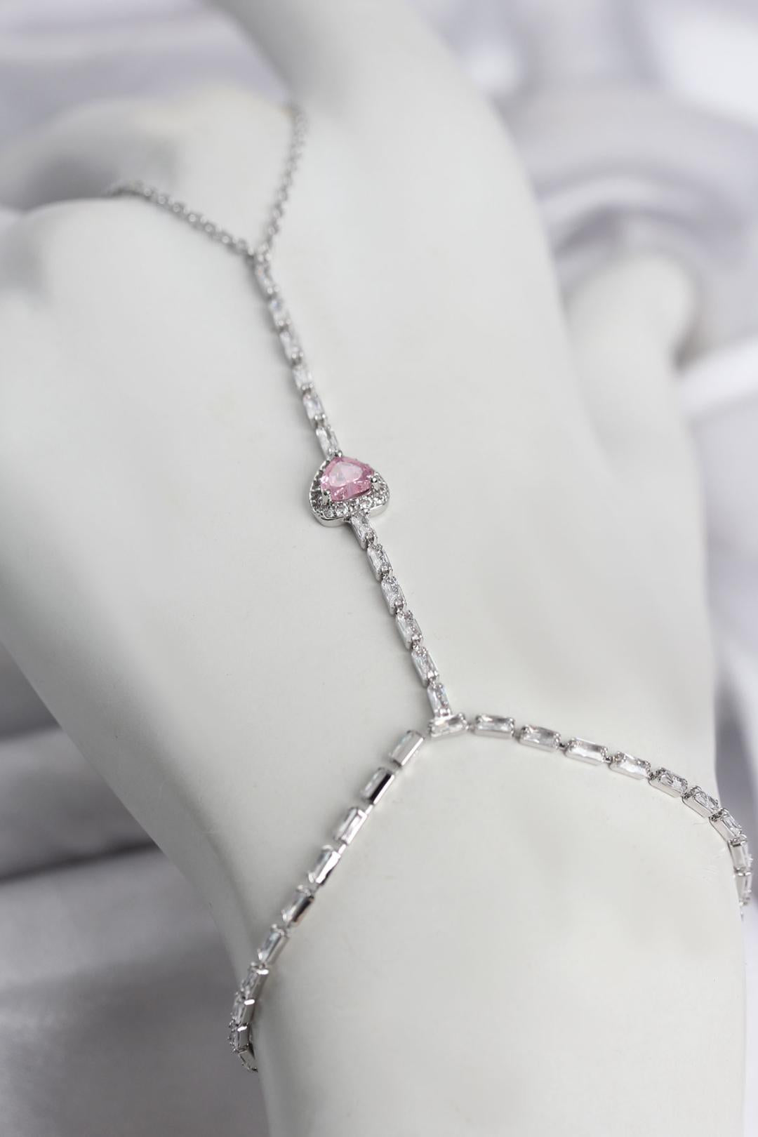 Gümüş Renk Pirinç Zirkon Taşlı Pembe Kalp Model Şahmeran