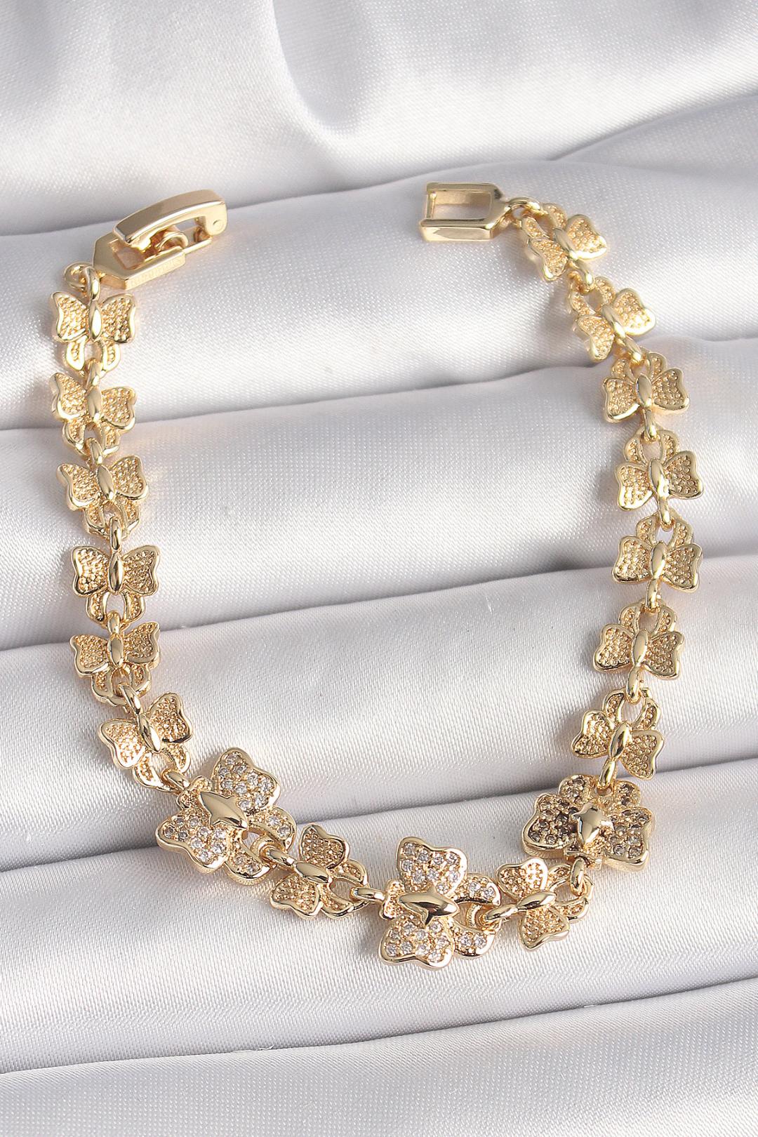 Pirinç Zirkon Taşlı Kelebek Model Gold Renk Kadın Bileklik